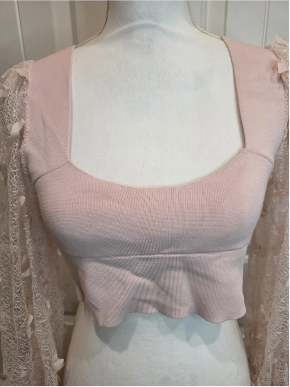 Free People Intimately Baby Pink Butterfly Lace Sleeve Crop Top Sz L Cottagecore
